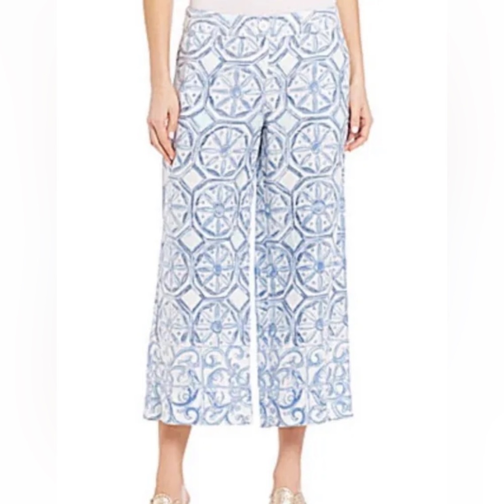 Tommy Bahama Gaucho Pant 100% Linen Cropped Watercolor Tiles Gaucho Sz 4 D121